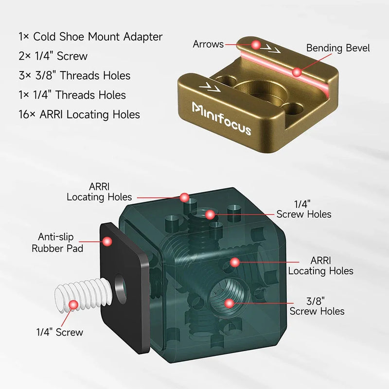 MINIFOCUS Multi-Hole Screws Adapter with Cold Shoe Mounts 1/4'' & 3/8'' Thread
