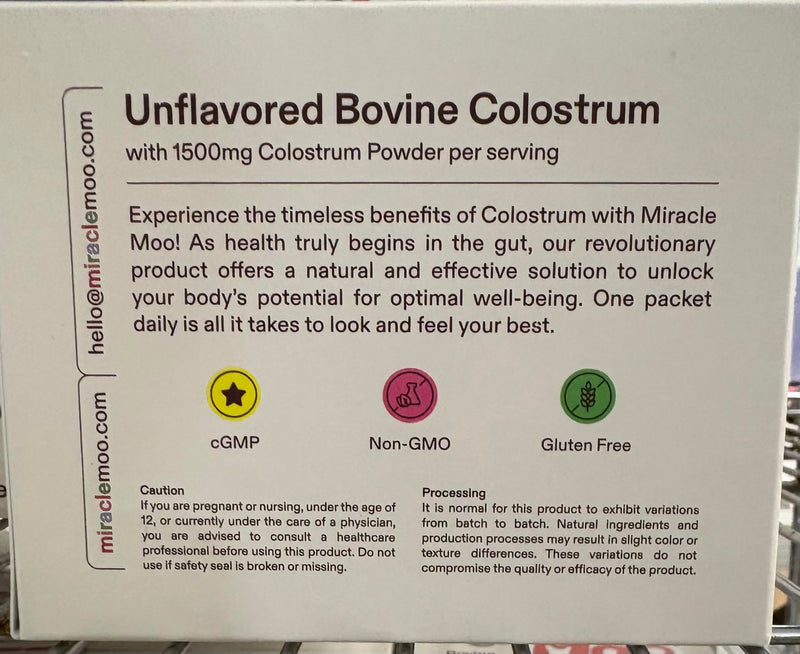 Miracle Moo Bovine Colostrum Supplement - 30 Unflavored Packets, 1500mg, Non-GMO, Gluten Free