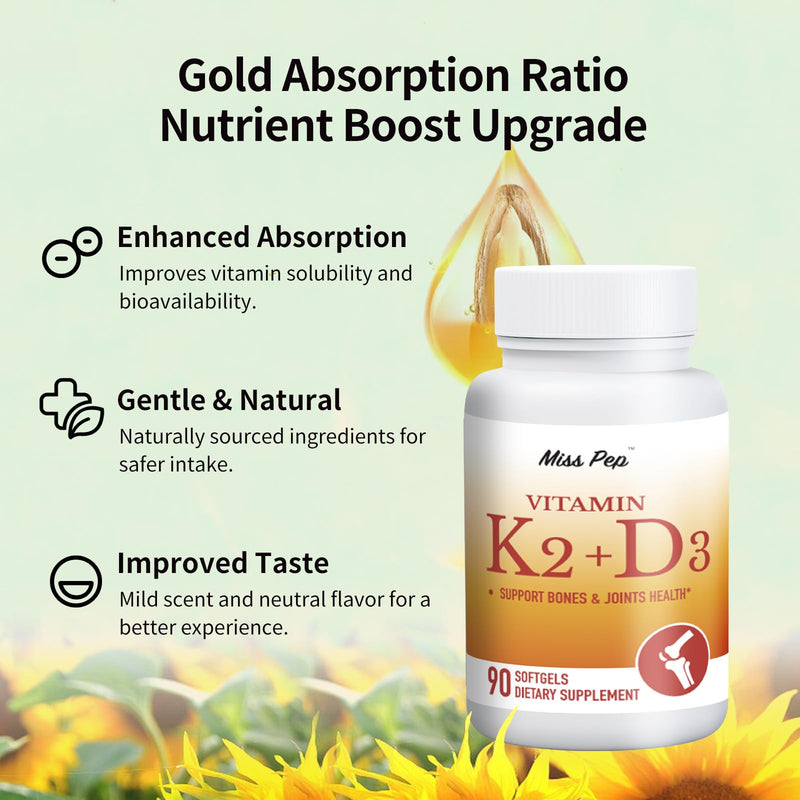 Miss Pep Vitamin D3 K2 5000 IU/100 mcg MK-7 – 90 Softgels with Sunflower Oil