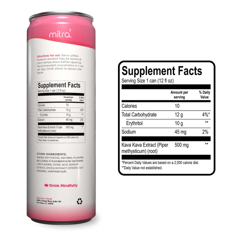 MITRA9 Botanical Beverages - Strawberry Watermelon Sparkling Kava Drink | Mood Enhancer & Natural Calm (12 fl oz)