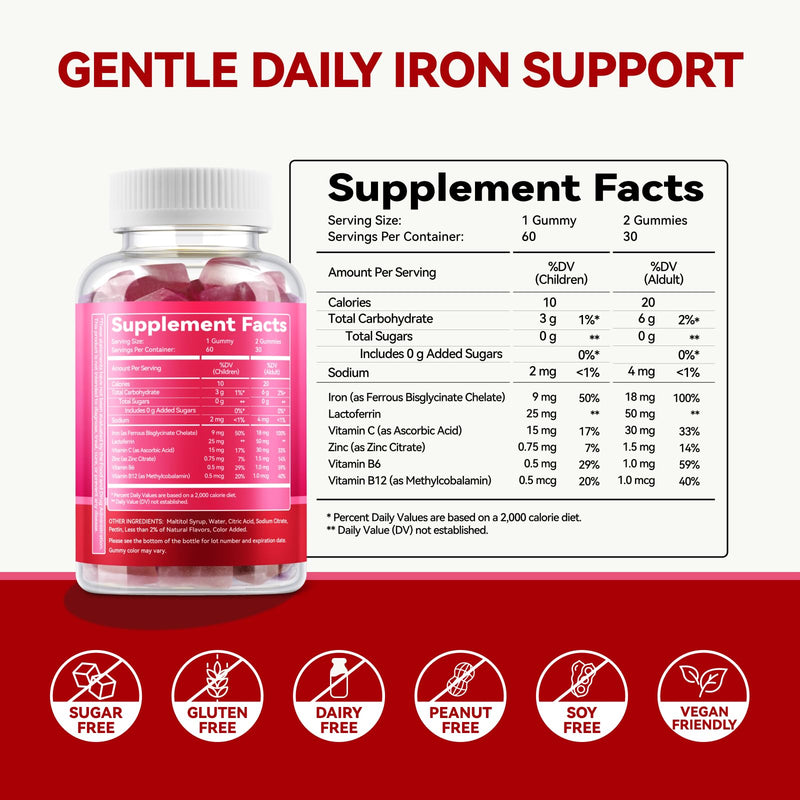 Iron Gummies with Lactoferrin, Vitamin C, B6, B12 & Zinc – Sugar-Free, Vegan (60 Count)