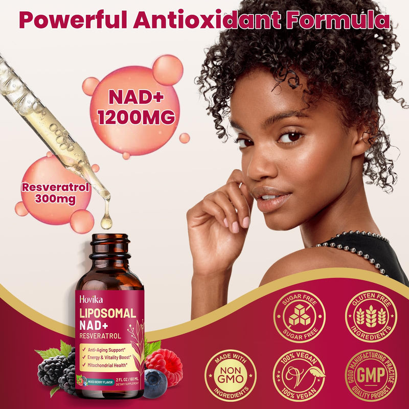 Liposomal NAD Supplement - 1200mg NAD+ Liquid Drops for Women & Men with Resveratrol, Black Pepper Extract - Support Anti-Aging, Brain & Cellular Mitochondrial Health - 2 Fl Oz Mixed Berry Flavor