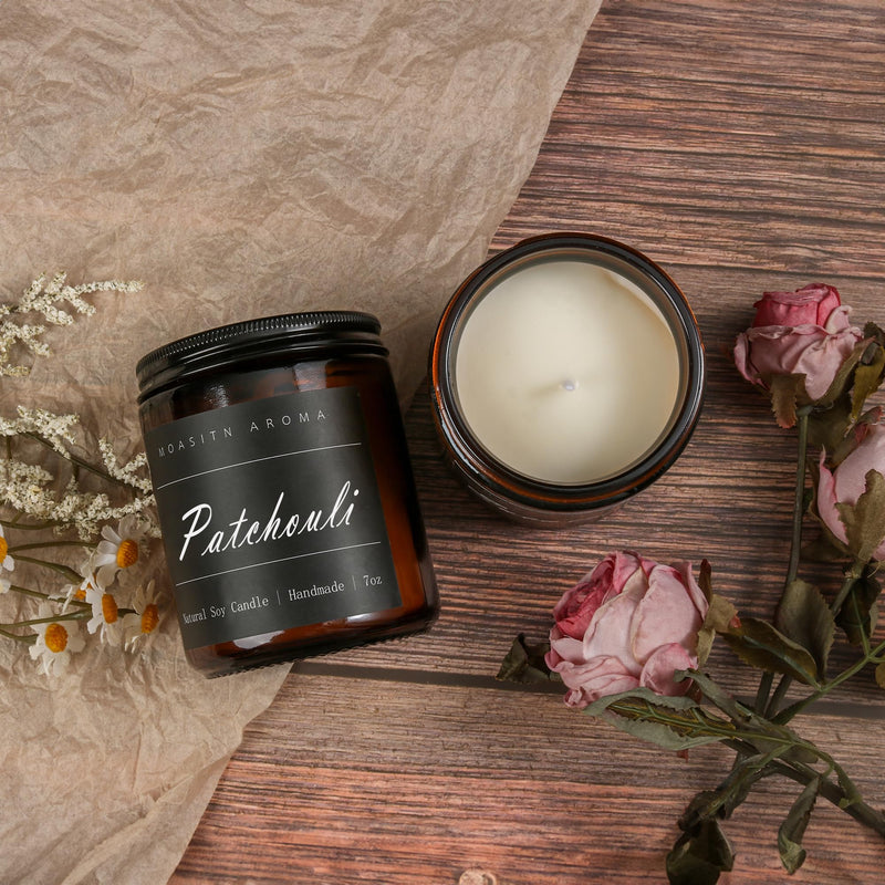 MOASITN Patchouli Scented Candle – Natural Soy, Handmade 7oz Jar | Aromatherapy Gift for Women & Men
