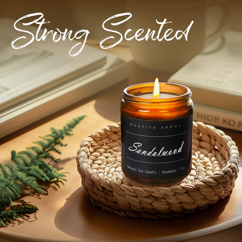 MOASITN Sandalwood Scented Candles – Natural Soy Aromatherapy, Handmade 7oz Jar Gift for Women & Men
