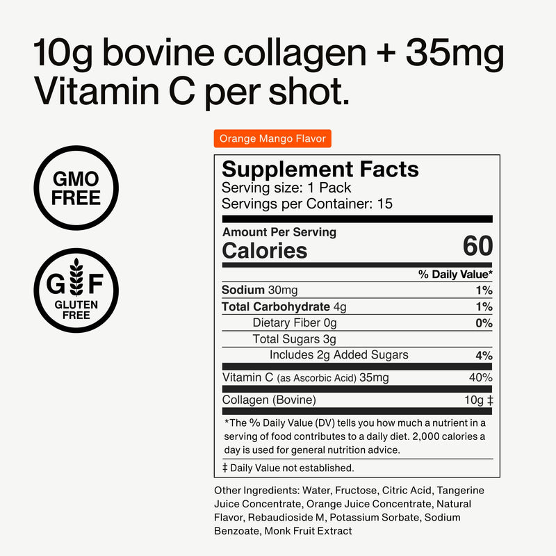 Momentous Collagen Shot - Hydrolyzed Collagen + Vitamin C, NSF Certified for Sport, Orange Mango, 15 Servings