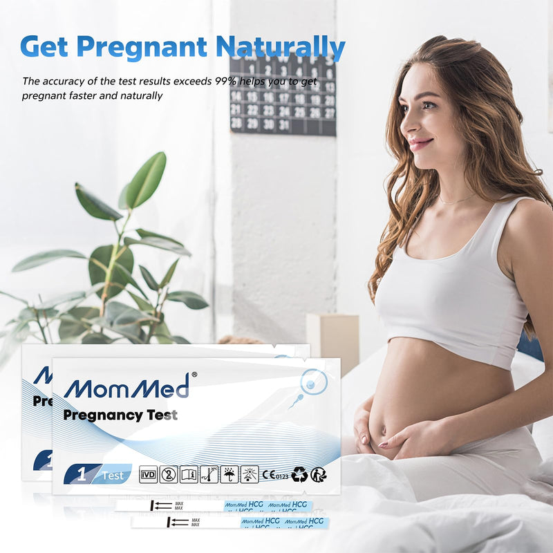 MomMed Pregnancy Test Strips – 55 HCG Tests, 99%+ Accurate, Free Urine Cups