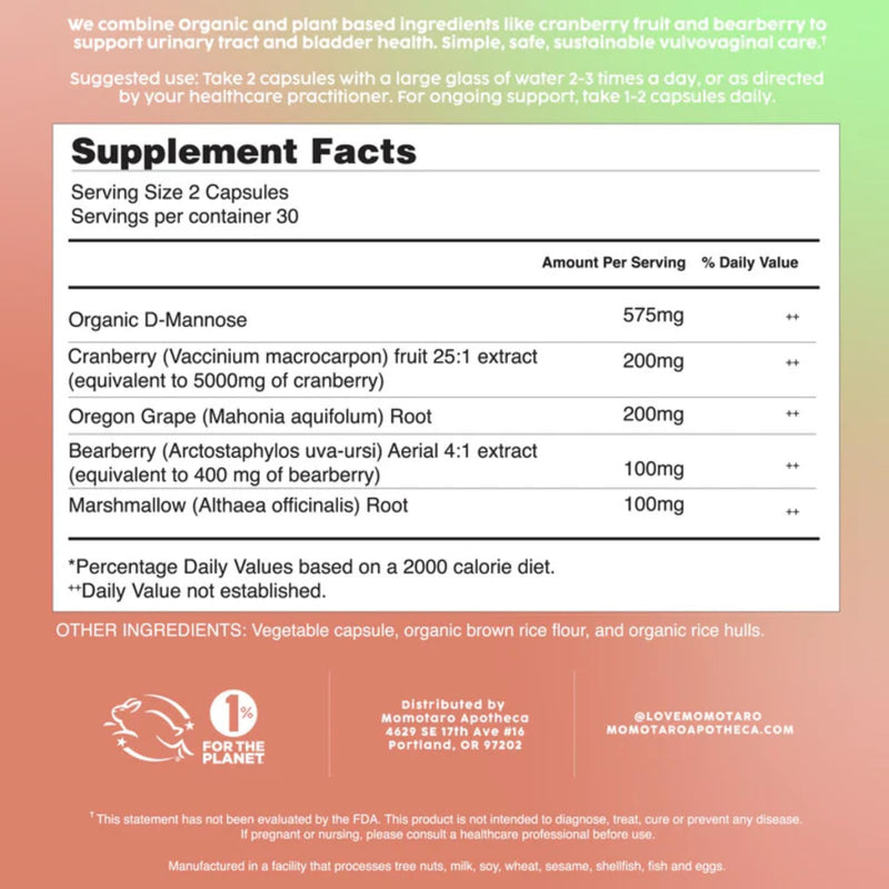 MOMOTARO APOTHECA Urinary Health Supplement – Cranberry & D-Mannose | Vaginal & Bladder Support, Vegan, 60 Capsules