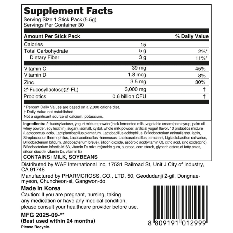 MOMSTAMIN Premium 3,000mg HMO 2'-FL Prebiotic Probiotic Powder – Immunity & Gut Health (30 Sticks)