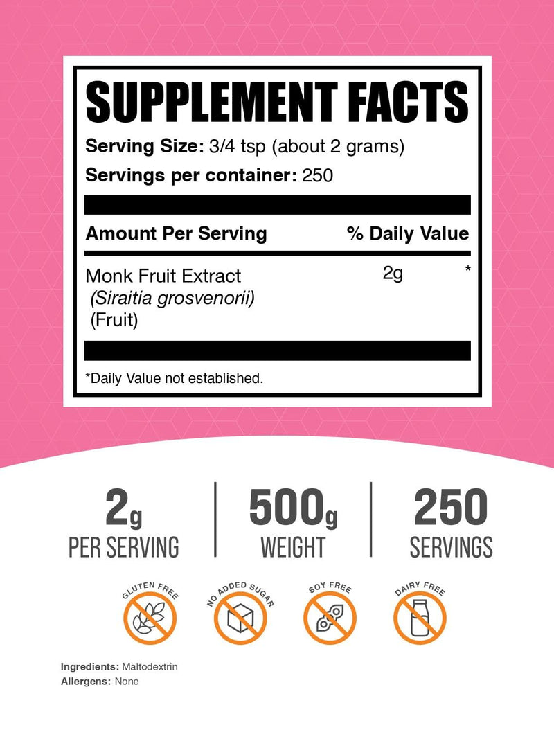 BulkSupplements Monk Fruit Extract Powder – Luo Han Guo, 500g, 250 Servings, Gluten Free, No Erythritol