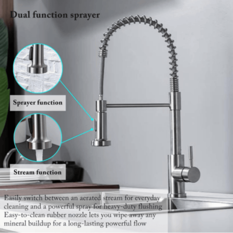 Monobloc Silver Kitchen Sink Mixer Taps with Pull Out Hose Spray Single LeverTap - InStock