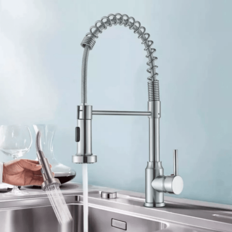 Monobloc Silver Kitchen Sink Mixer Taps with Pull Out Hose Spray Single LeverTap - InStock