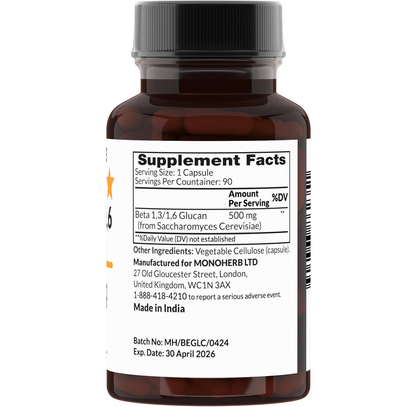MONOHERB Beta 1,3/1,6 Glucan 500 mg - 90 Veg Capsules (Pack of 2) | 90 Servings