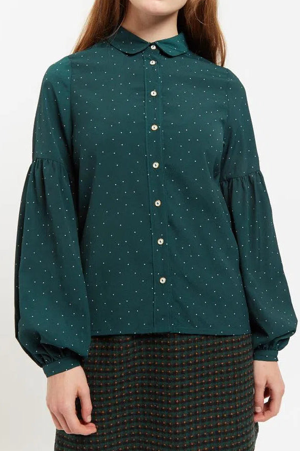 Louche Monroe Micro Dot Statement Sleeve Blouse in Green