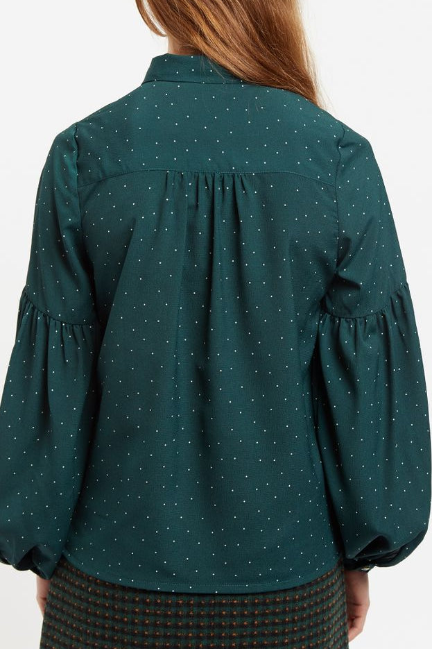 Louche Monroe Micro Dot Statement Sleeve Blouse in Green