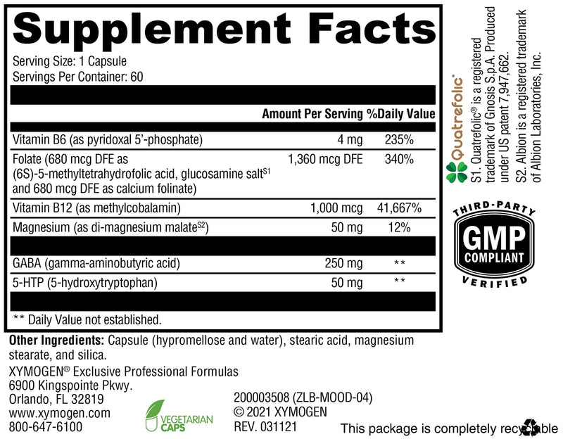 XYMOGEN Mood Food – Mood Support with GABA, 5-HTP & B Vitamins (60 capsules)