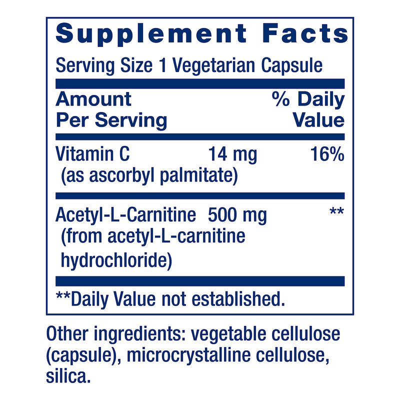 Acetyl-L-Carnitine with Vitamin C for Brain & Nerve Health | 3-Month Supply | Gluten-Free, Non-GMO, Vegetarian | 100 Capsules