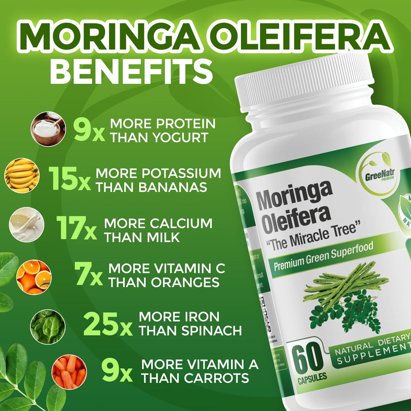 Pure Moringa Oleifera Green Superfood Capsules – Organic, Non-GMO, 60 Capsules