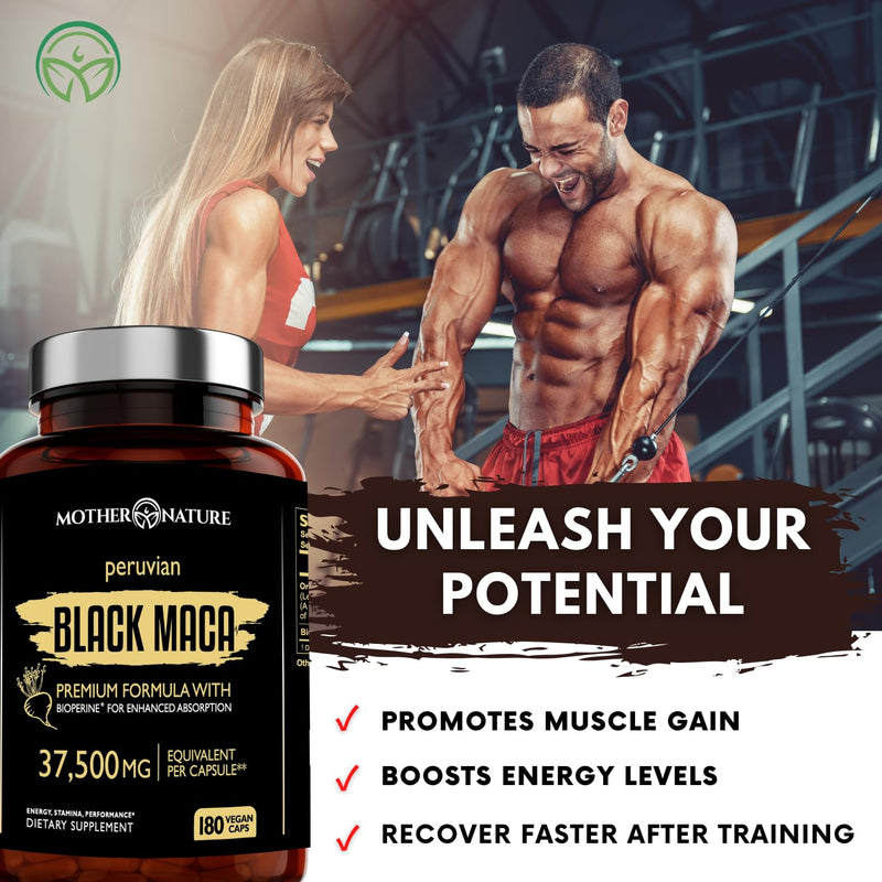 Mother Nature Black Maca 50:1 Extract – 37,500mg per Serving, 180 Vegan Capsules for Men