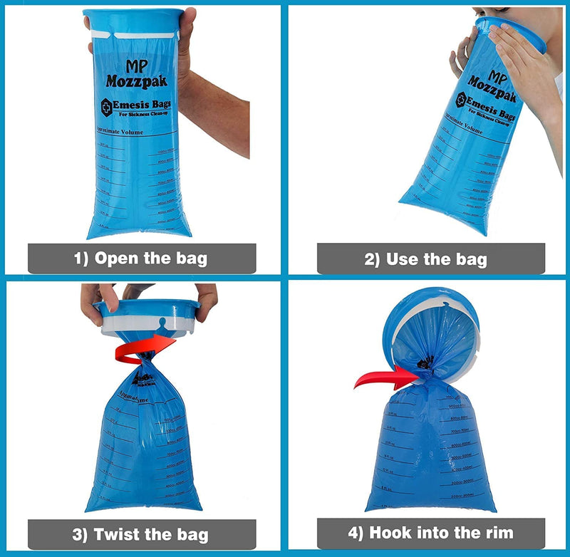 MP MOZZPAK Vomit Bags Disposable 100 Pack – 1000ml Emesis Bags, Leak-Proof, Travel-Ready