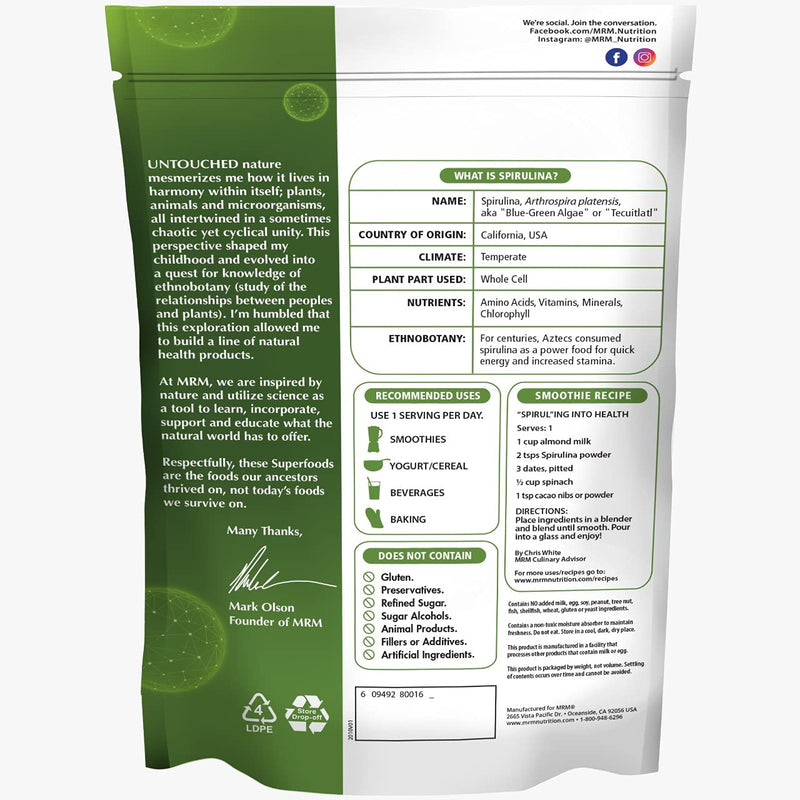MRM Nutrition Spirulina Powder – Superfood, Complete Plant Protein, Gluten-Free + Vegan | 40 Servings | 8.5 oz