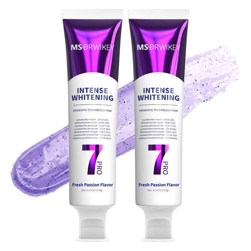 MSDRWIKEY 2-Pack Popping 7-Pro Whitening Toothpaste – Deep Whitening, 7 Probiotics, Purple Beads, Fluoride-Free