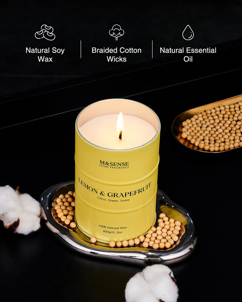 M&SENSE Lemon Candle Large - 21.2oz Soy Wax, 120h Burn Time