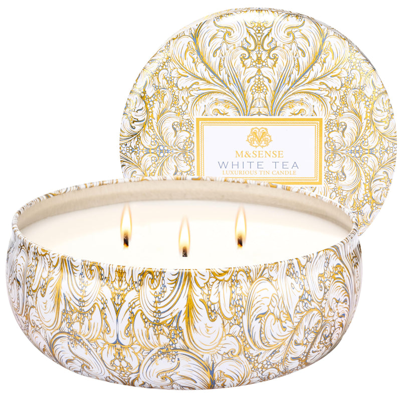 M&SENSE White Tea 3-Wick Soy Candle – 40+ Hr Burn, 100% Natural Vegan Wax