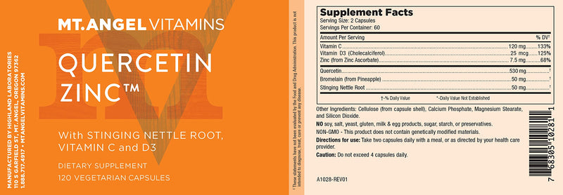 Mt. Angel Vitamins Zinc Quercetin with Bromelain – Immune Support & Respiratory Health, Quercetin 500mg, Zinc 50mg, Vitamin C | 120ct