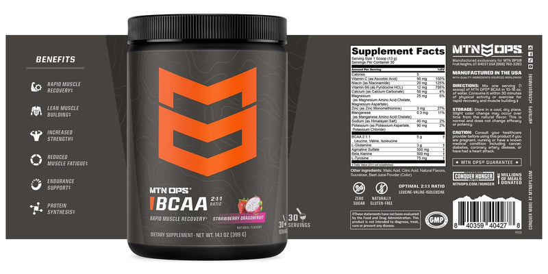 MTN OPS BCAA 2:1:1 Amino Acids – Zero Sugar & Gluten Free | Rapid Muscle Recovery (30-Serv, Strawberry Dragonfruit)