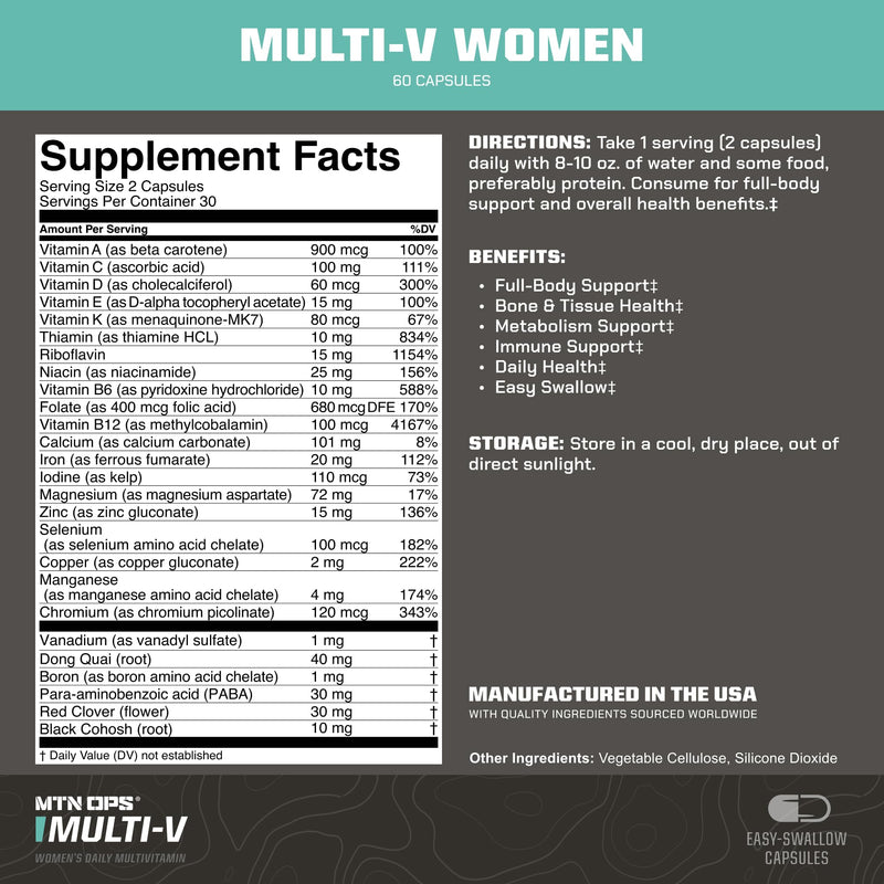 MTN OPS Multi-V Women’s Multivitamin – Essential Daily Vitamin Complex, Vegetarian Capsules (60 Count)