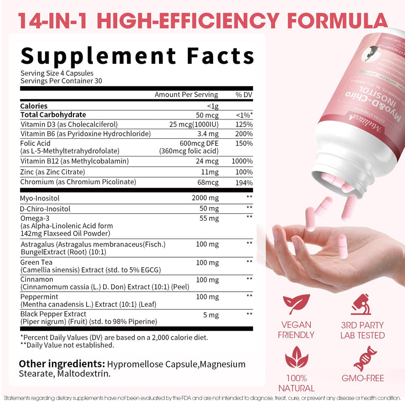 Mulittea Myo-Inositol & D-Chiro Supplement for Women - 14-in-1 Liposomal Inositol, 40:1 Ratio, 120 Vegan Capsules