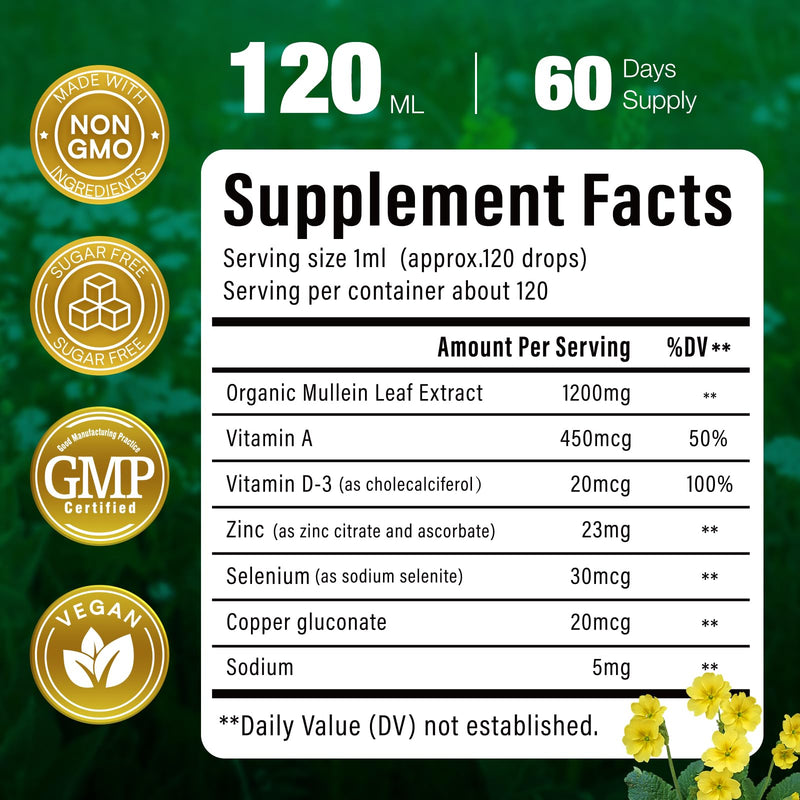 Mullein Drops for Lungs – 144000mg Mullein Leaf Extract | 120-Day Supply