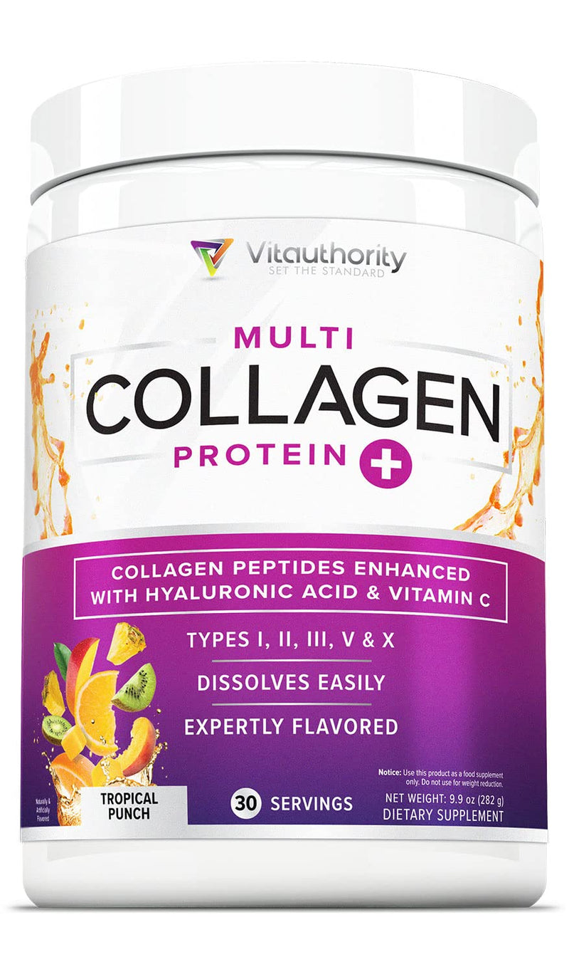 Multi Collagen Peptides Powder for Women – Hydrolyzed Collagen with Vitamin C & Hyaluronic Acid (Tropical Punch, 30 Servings)