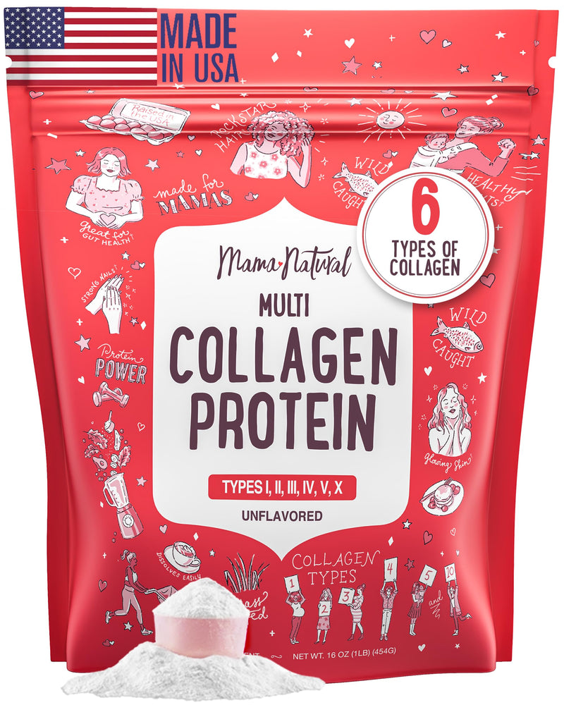 Mama Natural Multi Collagen Protein Powder – Unflavored, Hydrolyzed 16 oz | Grass-Fed Bovine, Wild Fish & Eggshell Membrane