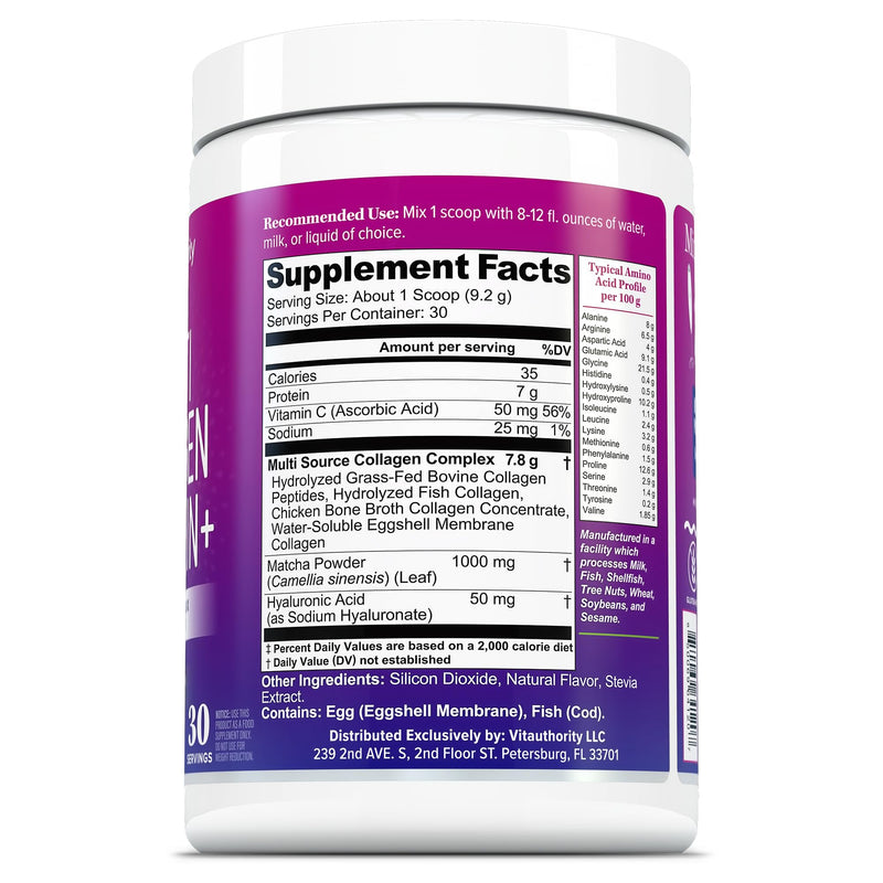 Multi Collagen Protein Powder for Women - Types I II III V & X with Vitamin C & Hyaluronic Acid, Matcha Flavor, 30 Servings