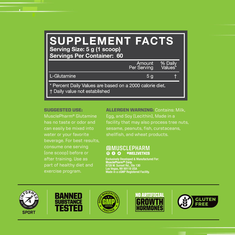 MusclePharm Glutamine Powder – 5g L-Glutamine, 60 Servings, Unflavored