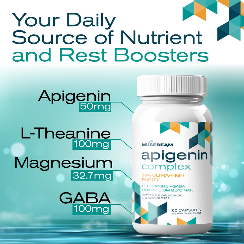 Musebeam Apigenin Supplement for Rest and Relaxation Support - 50mg Apigenin per Capsule with Magnesium Glycinate 275mg, L-Theanine 100mg, GABA 100mg - 98% Ultra-High Purity