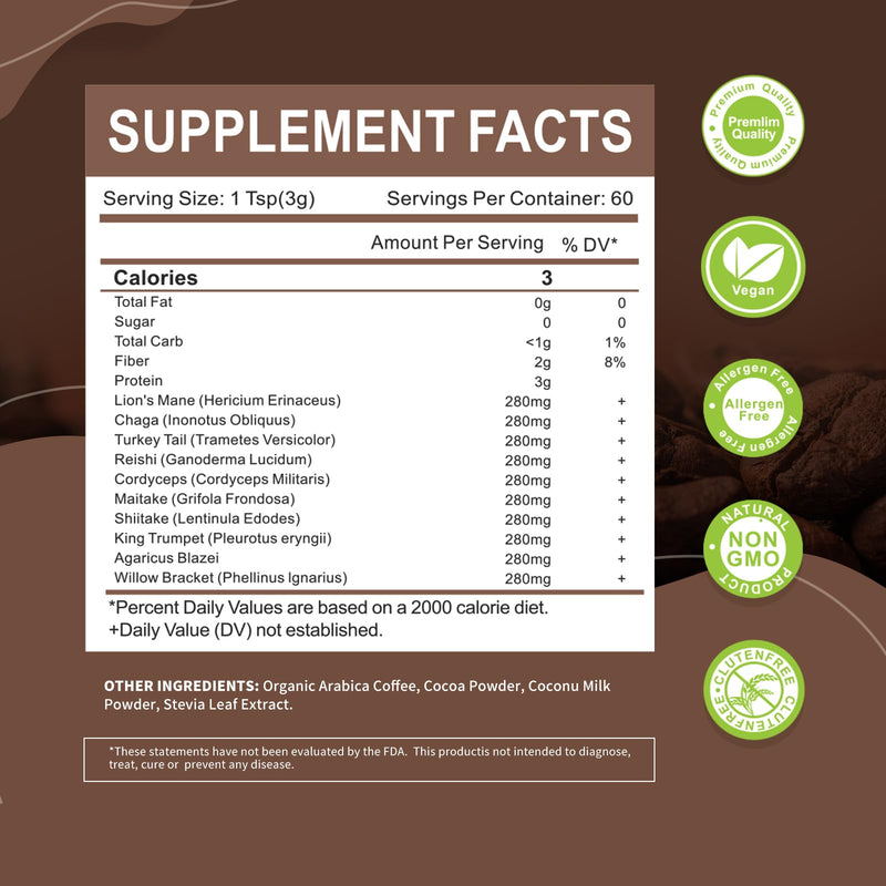Mushroom Coffee 10-Mushroom Blend – Lion's Mane, Reishi, Cordyceps & More | Brain Boost & Focus 6.35oz