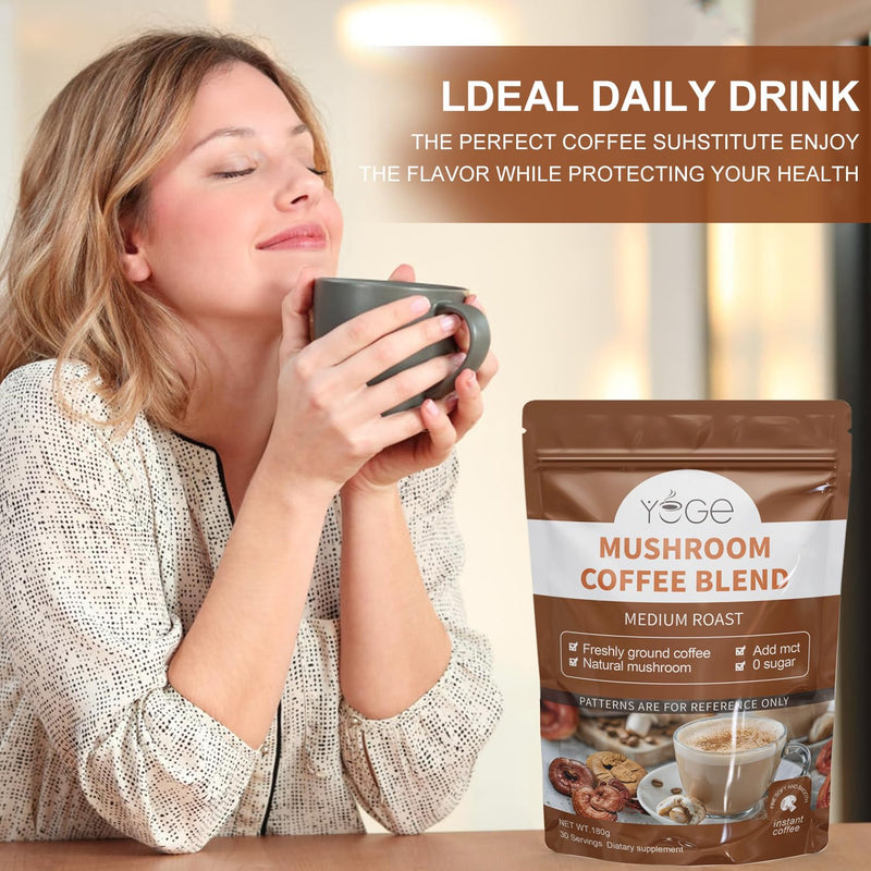 Mushroom Coffee with 6 Mushrooms (Cordyceps, Reishi, Lion's Mane, Shiitake, Turkey Tail, King Trumpet) – Instant Coffee Powder for Energy, Focus & Immune Support | 30 Servings