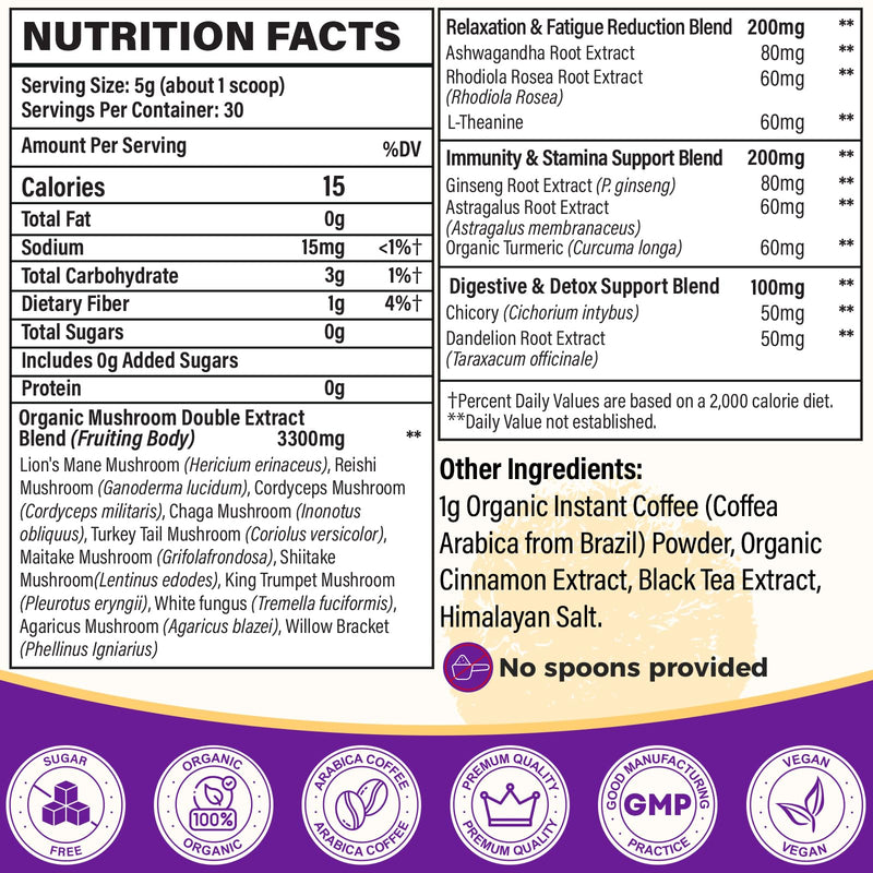 Organic Mushroom Coffee with 11 Mushrooms + 8 Adaptogens - Gluten Free, 30 Servings