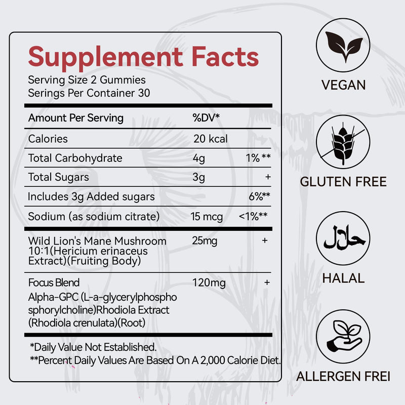 Mushroom Gummies with Lion's Mane – Focus & Memory Nootropics, Vegan, 60 Count