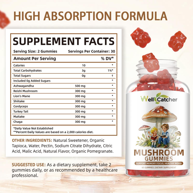 Mushroom Gummies with Ashwagandha – Lion's Mane & Cordyceps | Vegan 60ct