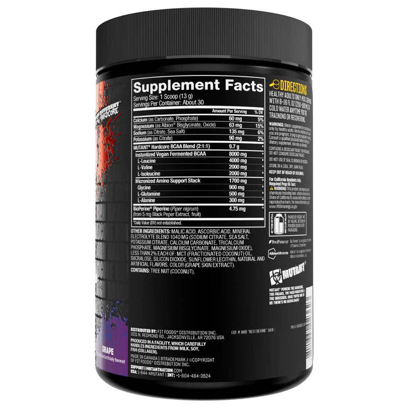 Mutant Hardcore BCAA – 30 Servings – Hydration + Recovery – Grape | Pre, Intra or Post Workout
