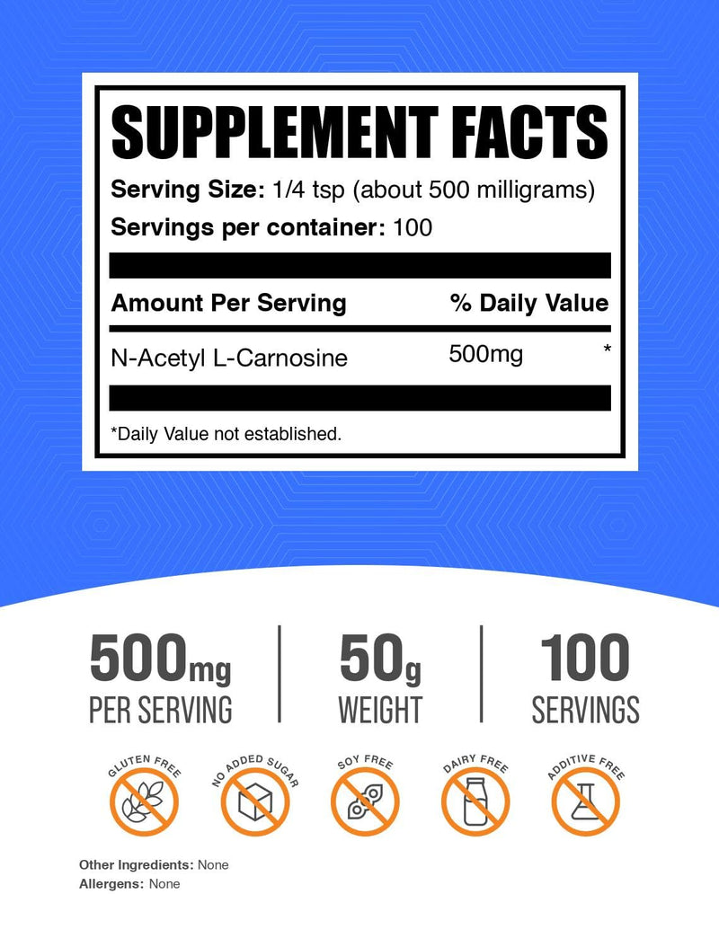 BulkSupplements N-Acetyl L-Carnosine Powder – 500mg per Serving, Gluten Free, 50g