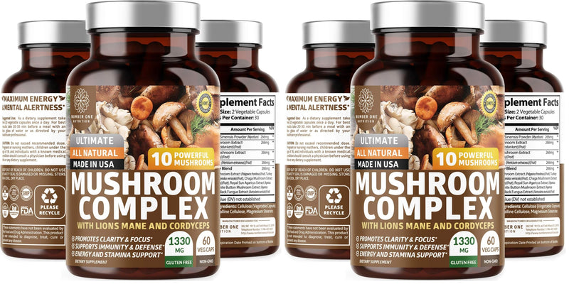 N1N Premium Mushroom Complex: 10x Powerful Mushrooms for Immunity, Brain & Energy - 60 Veg Caps (Pack of 2)