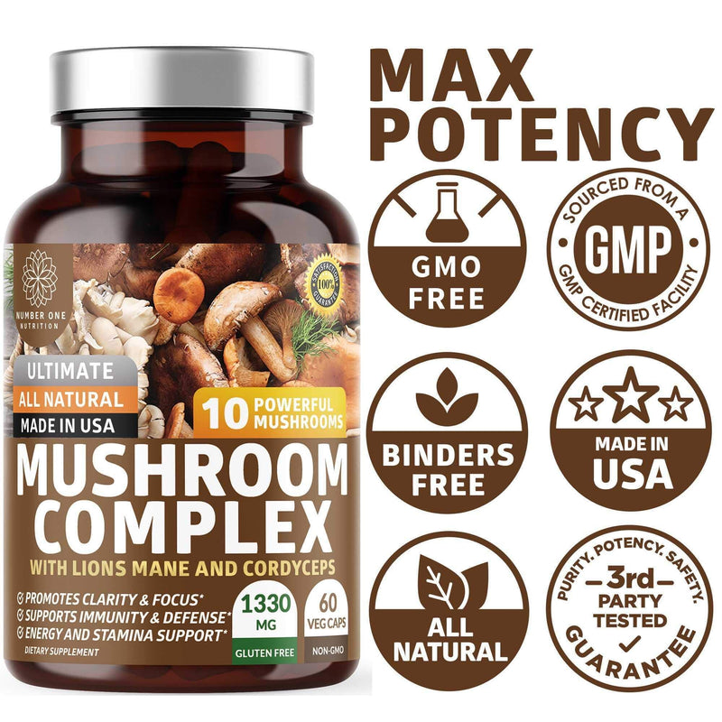 N1N Premium Mushroom Complex: 10x Powerful Mushrooms for Immunity, Brain & Energy - 60 Veg Caps (Pack of 2)