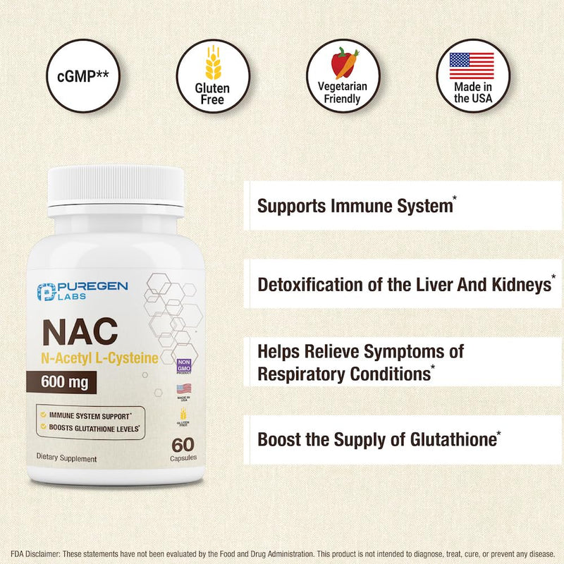 Puregen Labs NAC 600mg - Immune, Respiratory & Liver Support - 60 Veggie Capsules