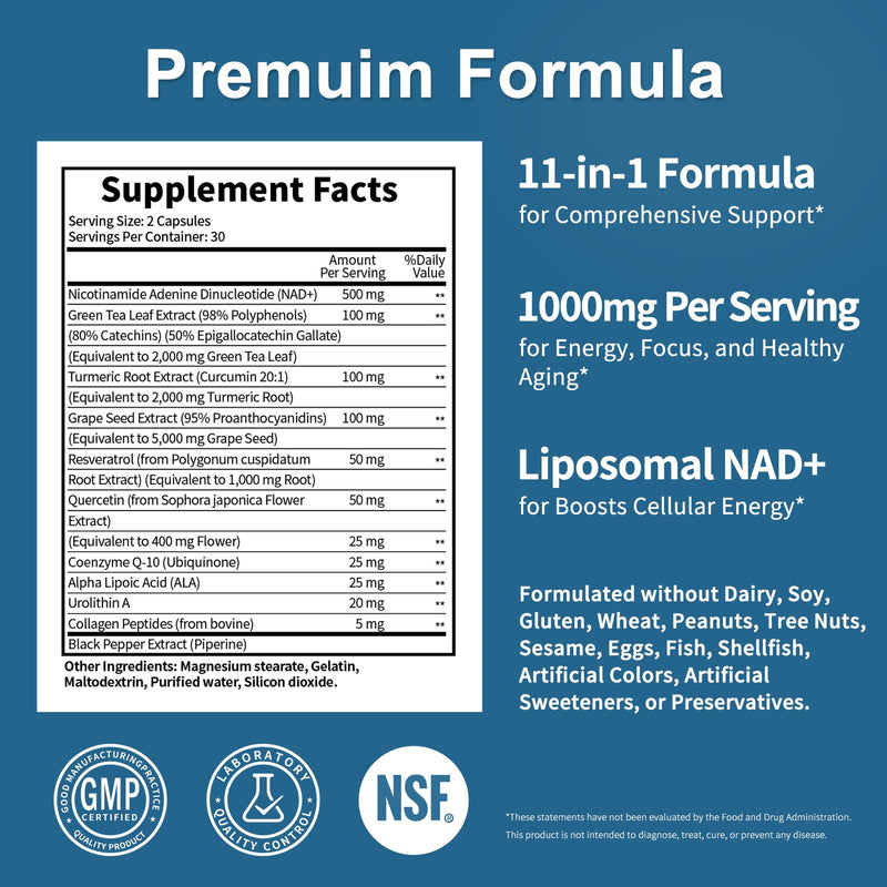 NAD Supplement 11-in-1 Extra Strength – Liposomal NAD with Resveratrol, CoQ10, Urolithin A, ALA & Turmeric – Supports Anti-Aging, Cellular Repair, Energy & Focus – for Women & Men – 60 Capsules