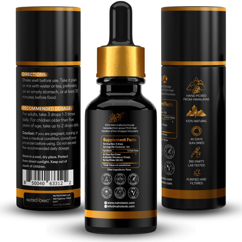 NutroTonic® Himalayan Shilajit Liquid Drops – 86% Fulvic, 10% Humic, Gold A+ (20ml)