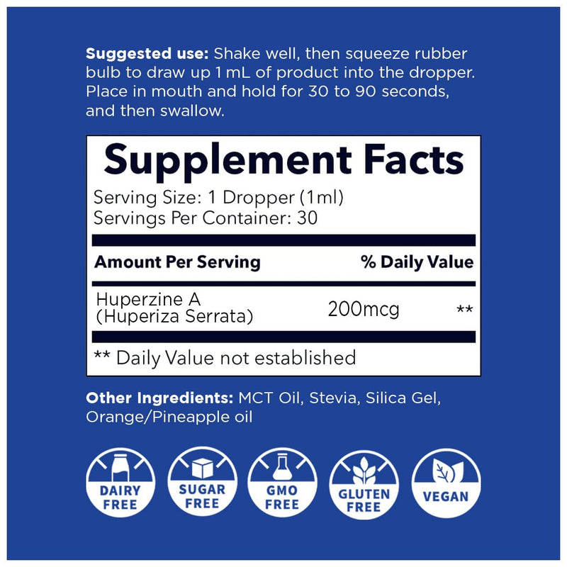 Nano HUPERZINE A – Nanosized Liquid, Instant Absorption, 6000 mcg per Bottle | 30 Servings | Non-GMO GMP Certified